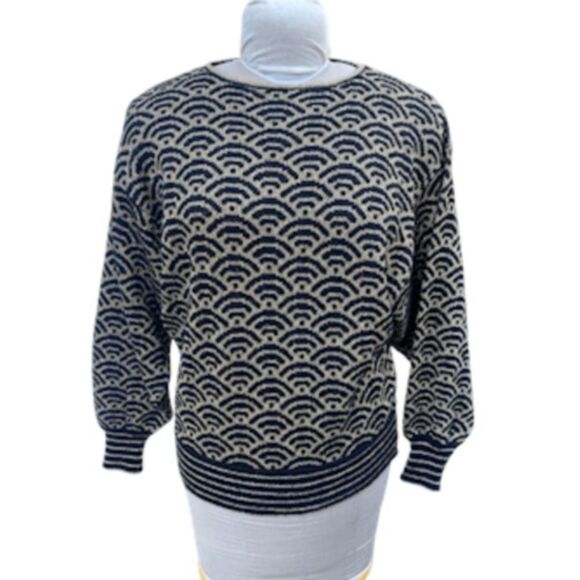 Adrienne Vittadini Vintage Geometric Black & Gold Metallic Print Lurex Sweater S - Picture 1 of 10